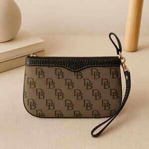 Dooney & Bourke Monogram Canvas Wristlet Gray Black Logo Pouch Y2K Mini Bag